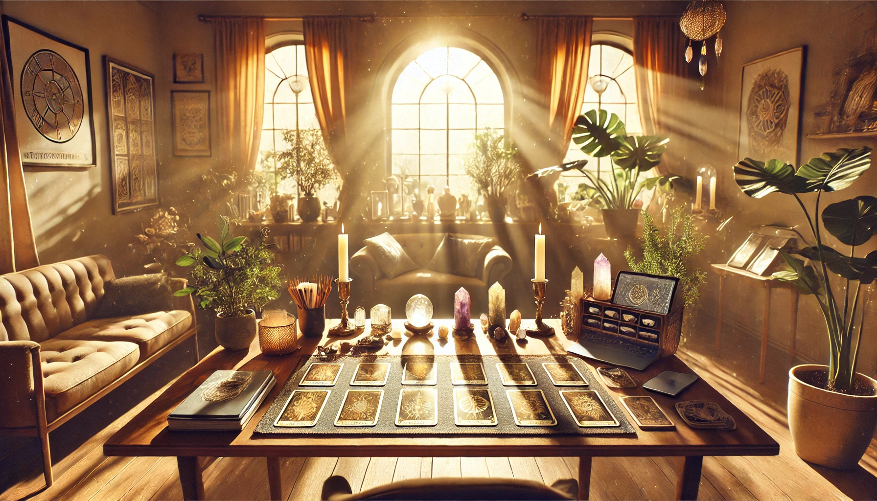 Sunlit room with tarot cards on a wooden desk with crystals- Liza Tarot The Swedish Tarot Lady