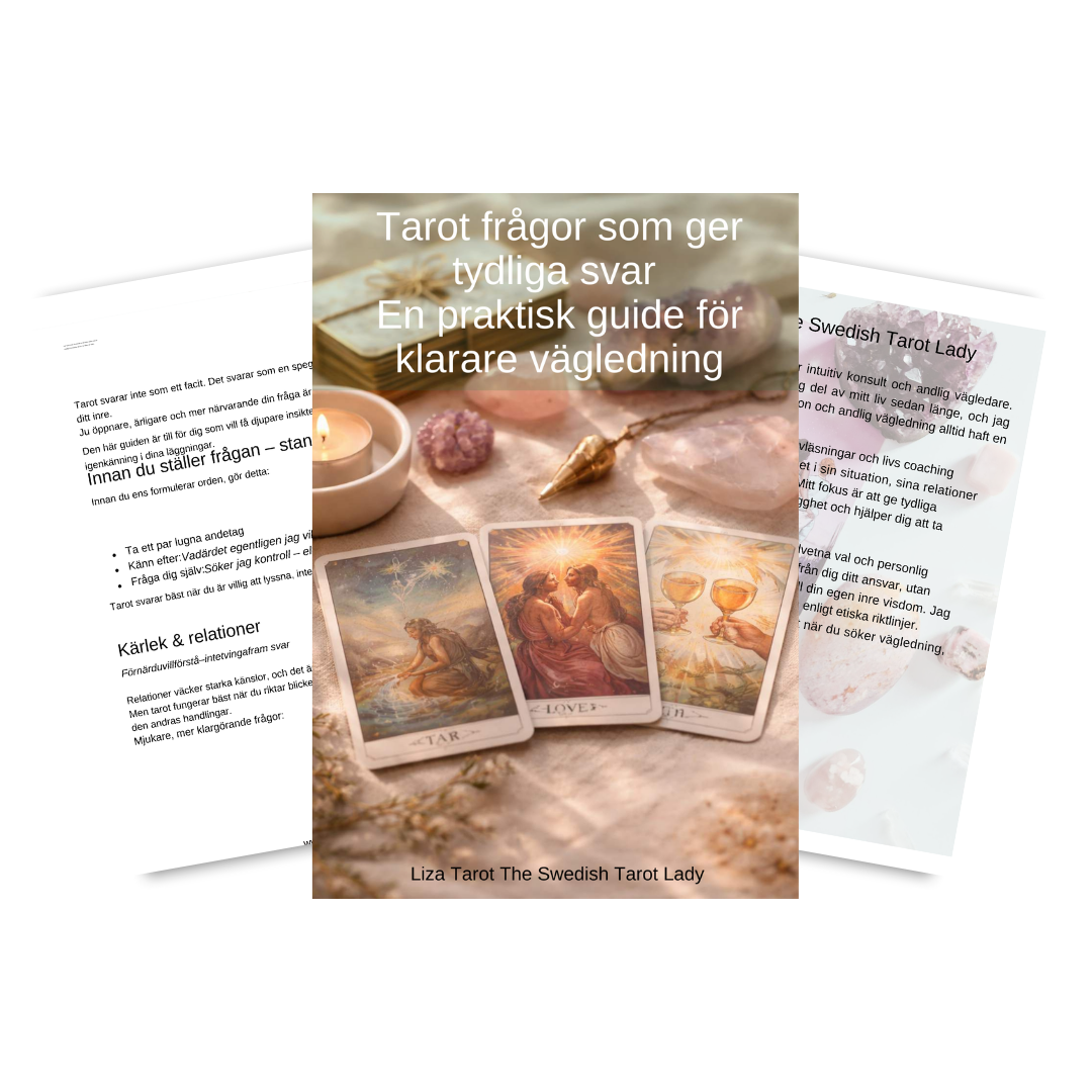 Omslagsbild som visar tarotkort, kristaller och tändljus med texten: "Tarot frågor som ger tydliga svar. En praktisk guide för klarare vägledning".