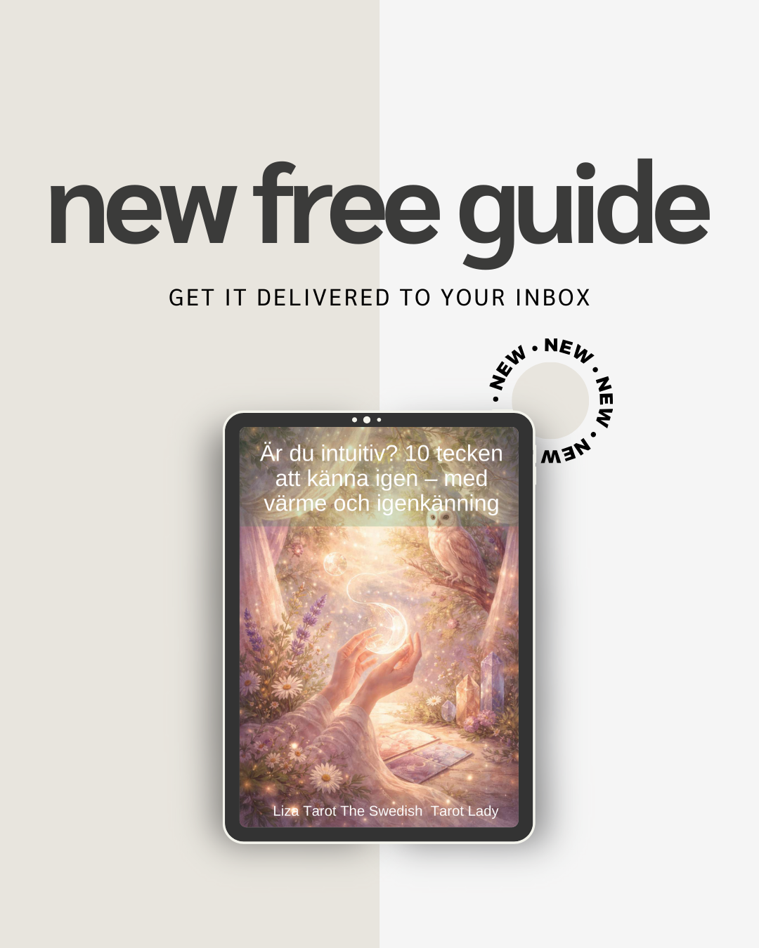 En reklam för en gratis tarotkortstjänst med texten 'Är du intuitiv? 10 tecken att känna igen - med värme och igenkänning' och bild av en hand som håller ett ljus samt tarotkort i en fantasieggande skogsmiljö.