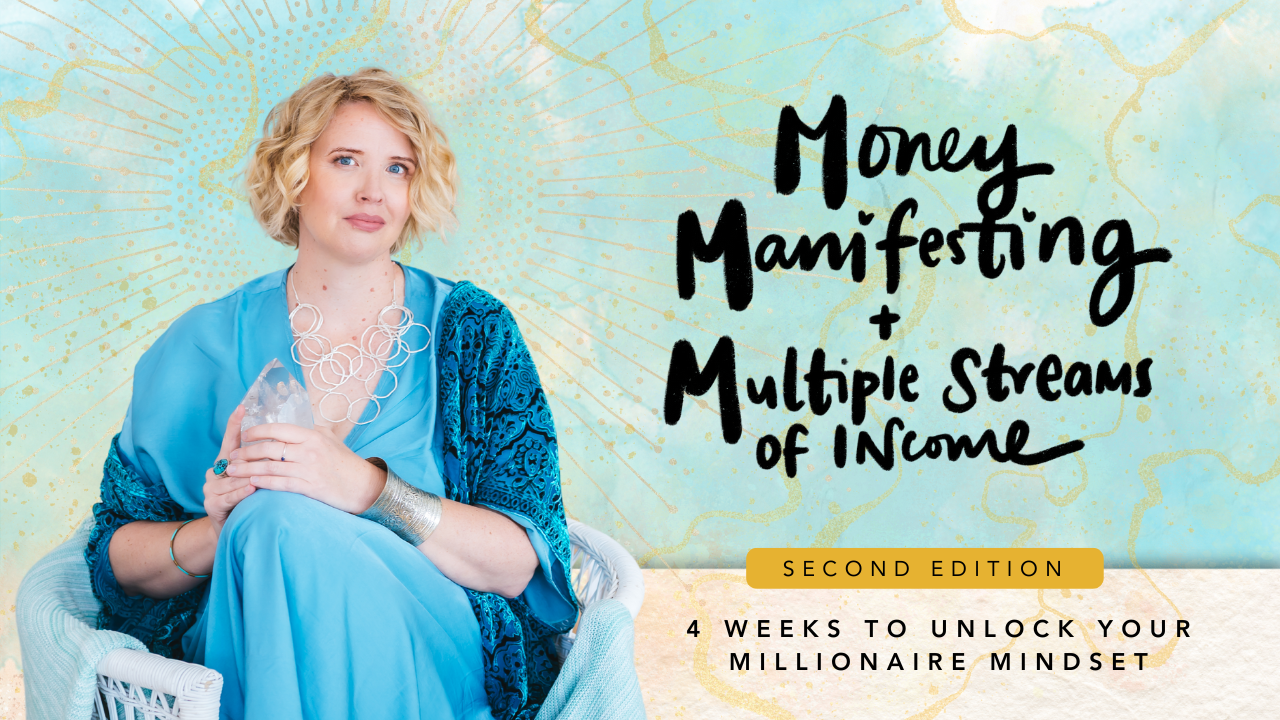 En kvinna i blå klänning och halsband sitter i en stol mot en blå och gul bakgrund med text om att skapa flera inkomstkällor genom ett program.