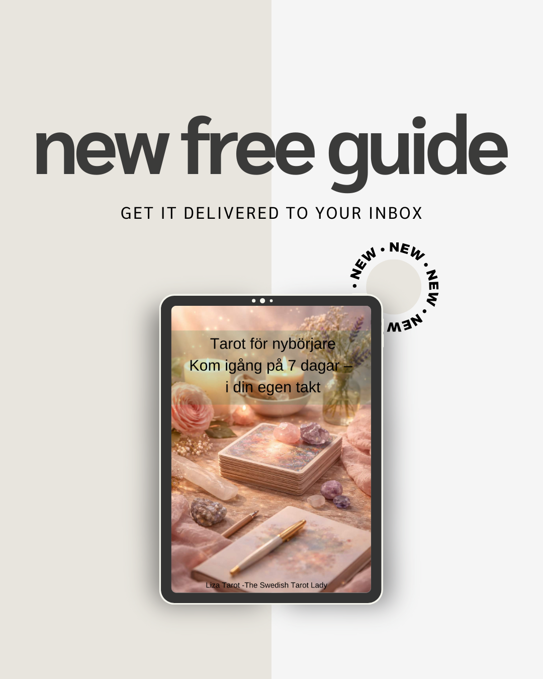 En reklam för en gratis introduktionsguide till tarot för nybörjare, med en bild av tarotkort, kristaller och blommor på ett bord.