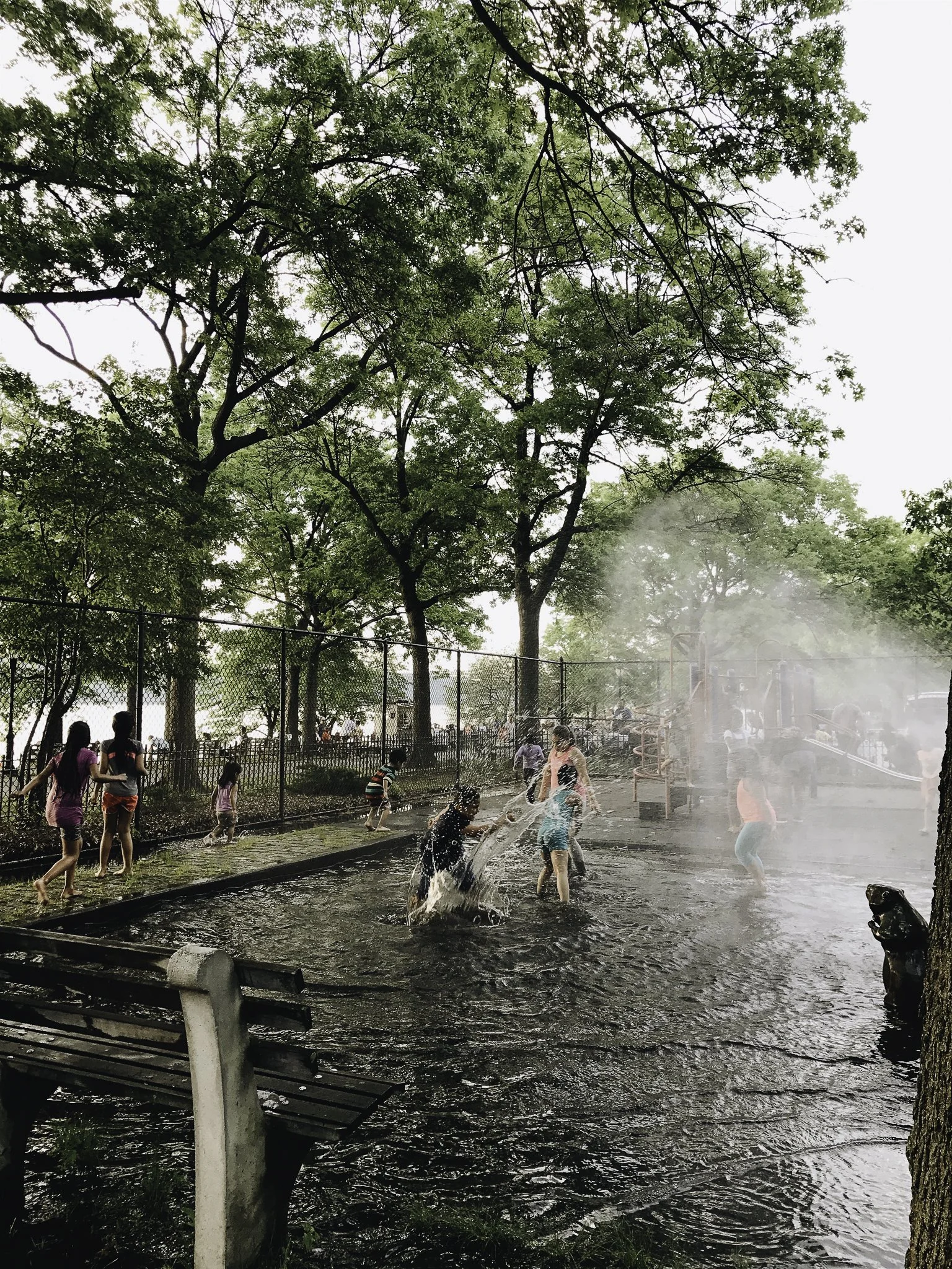 Children playing in a water fountain at a park, surrounded by trees and fenced area.