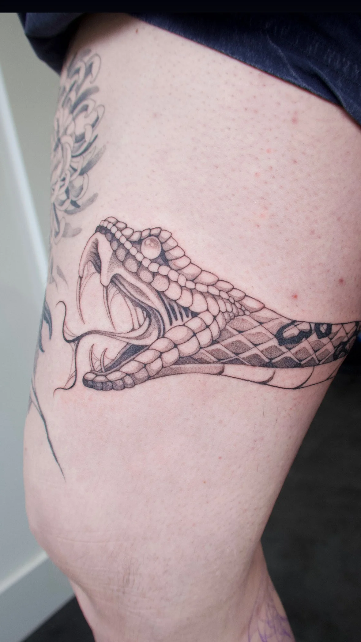 semi realisme slang snake tattoo leg sleeve been coole slang