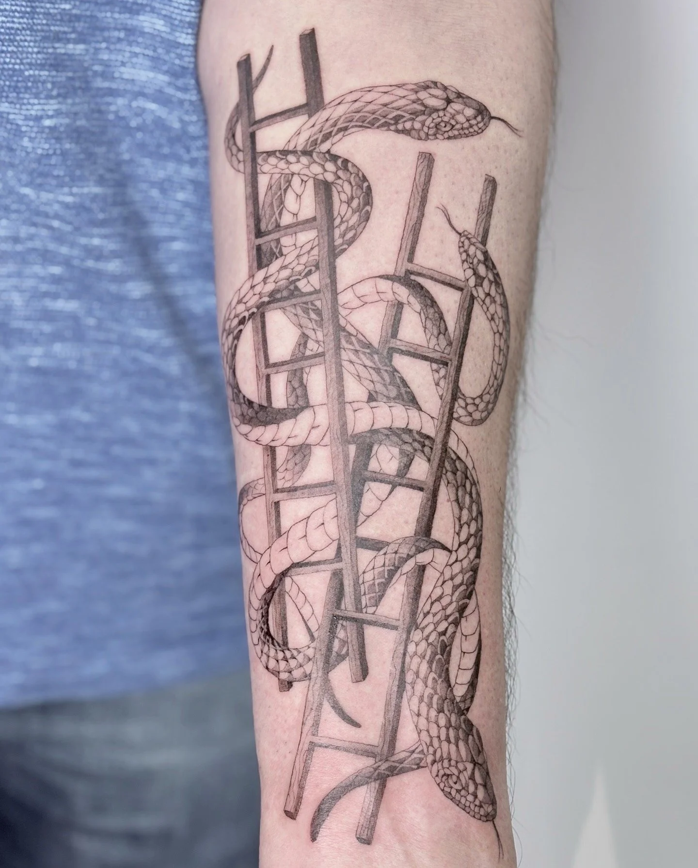 slangen en ladders tattoo fineline onderarm