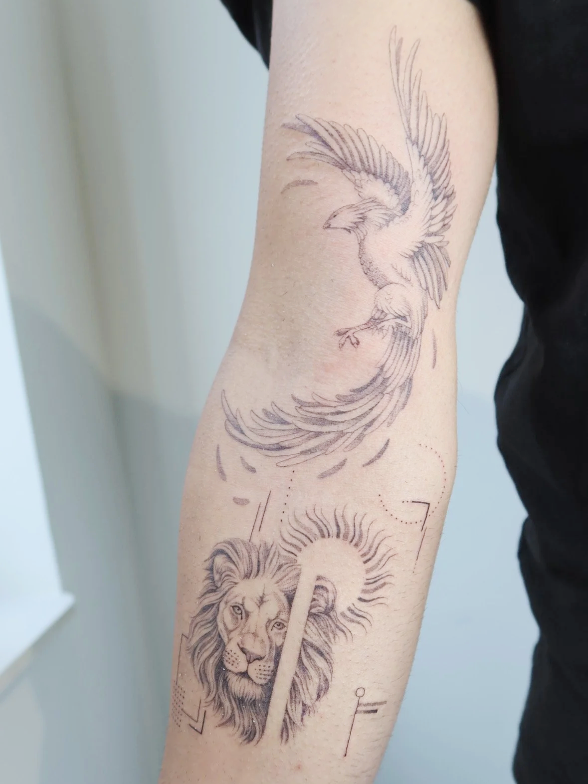 geometric fineline feniks en leeuw arm tattoo