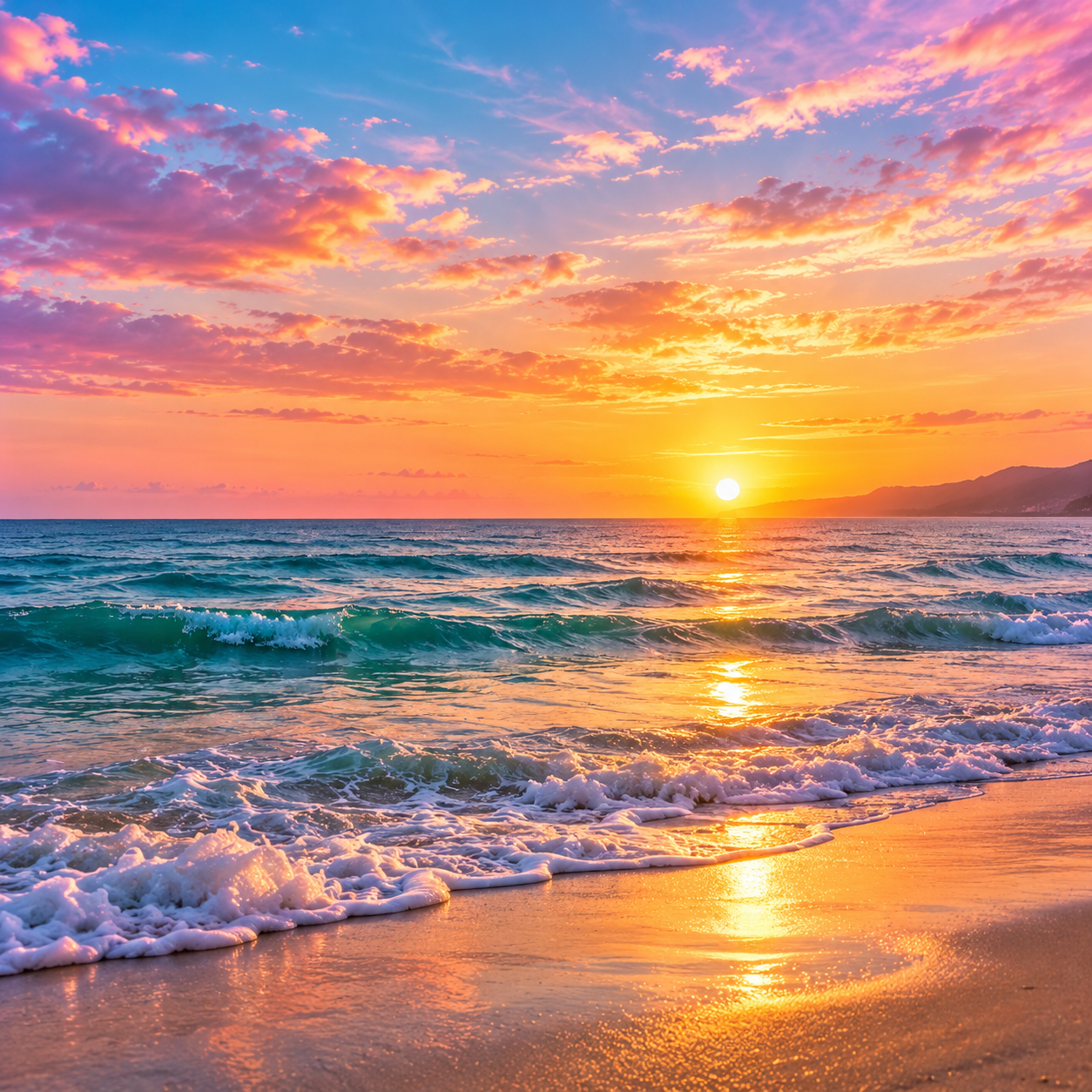 Sunset over the ocean with colorful clouds and gentle waves crashing on the sandy beach.