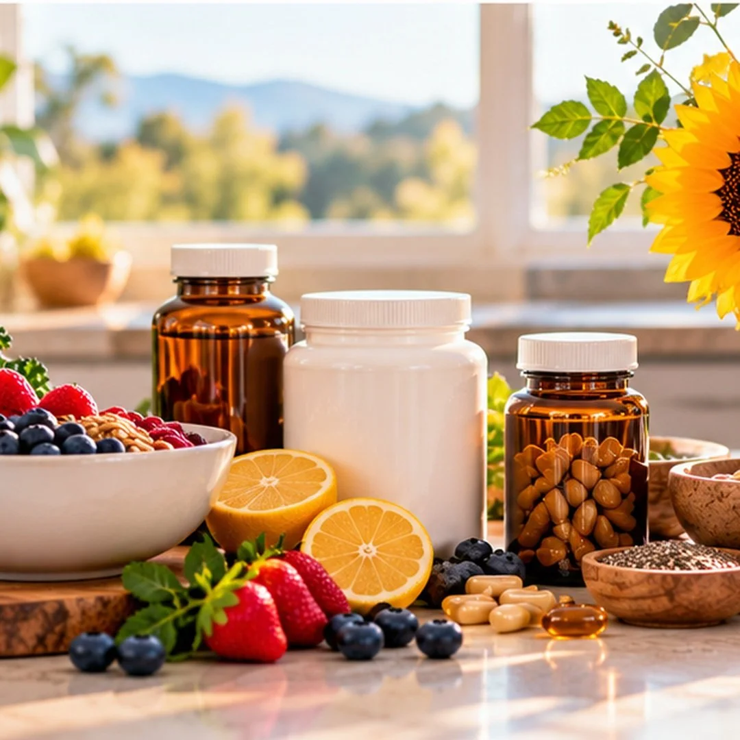 Assorted vitamins and supplements bottles on a kitchen countertop, surrounded by fresh strawberries, blueberries, lemon halves, and other berries, with a sunflower in the background.