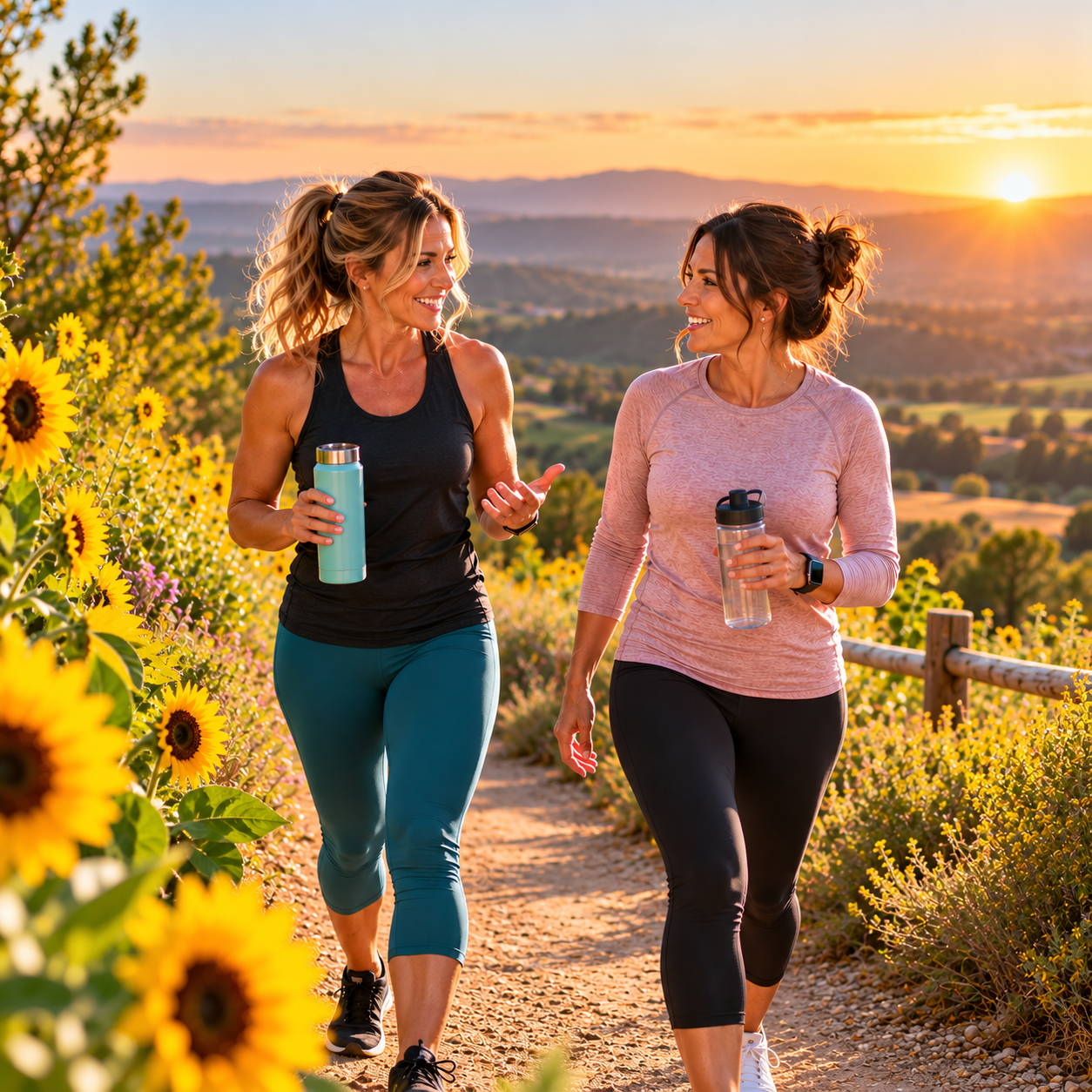 Two women jogging and talking on a trail surrounded by sunflowers during sunset.