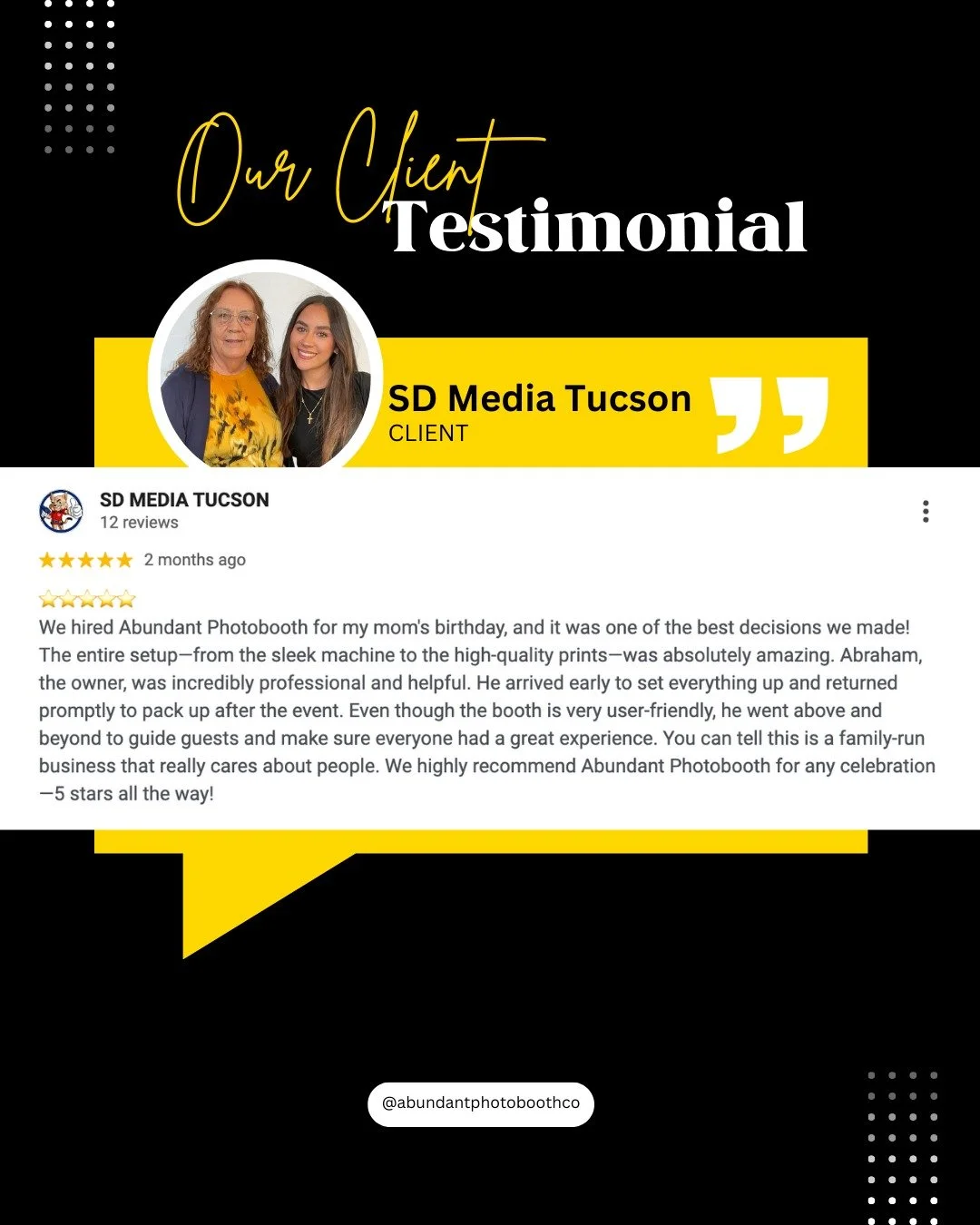 Another ⭐⭐⭐⭐⭐ Review!

We&rsquo;re beyond grateful for this kind feedback 💛 Thank you for trusting us to help celebrate such a special day!

📸 Whether it&rsquo;s a birthday, wedding, or corporate event, we bring the fun, the memories, and those pic