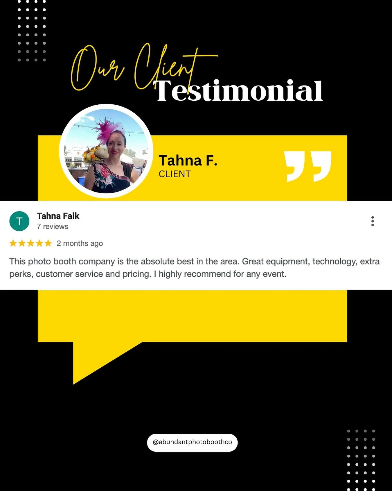 Another ⭐️⭐️⭐️⭐️⭐️ review on Google!

&ldquo;This photo booth company is the absolute best in the area. Great equipment, technology, extra perks, customer service and pricing. I highly recommend for any event.&rdquo;

Thank you Tahna and team for tru