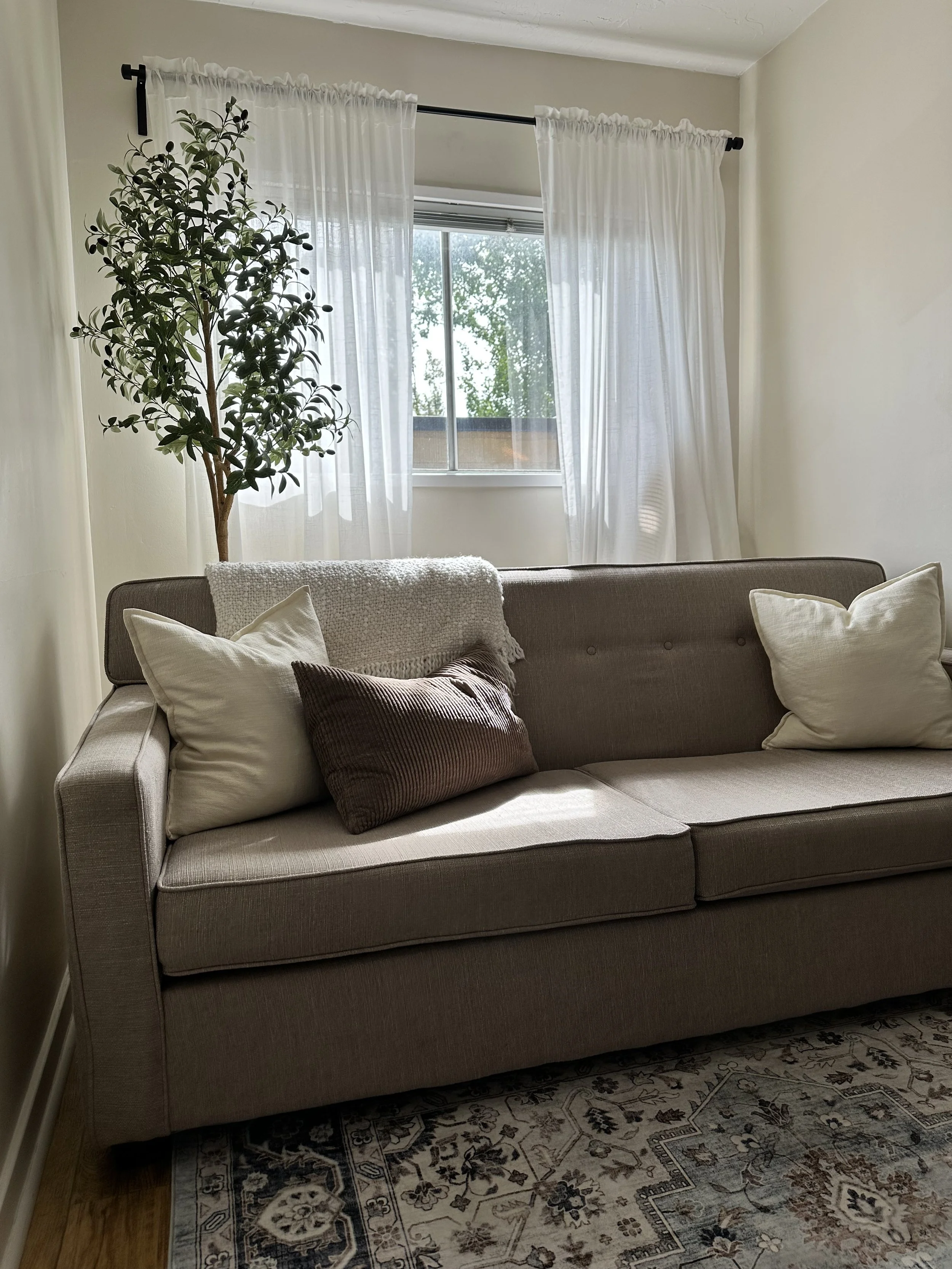 Living room with a beige sofa adorned with white and dark brown pillows, a patterned area rug, a large window with sheer white curtains, and a tall potted plant to the left of the window.