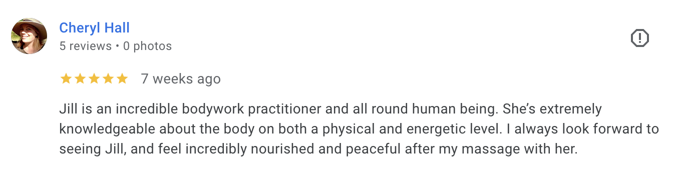 Screenshot of a Yelp review by Cheryl Hall for a bodywork practitioner named Jillian Lacasse, praising her expertise in physical and energetic bodywork.