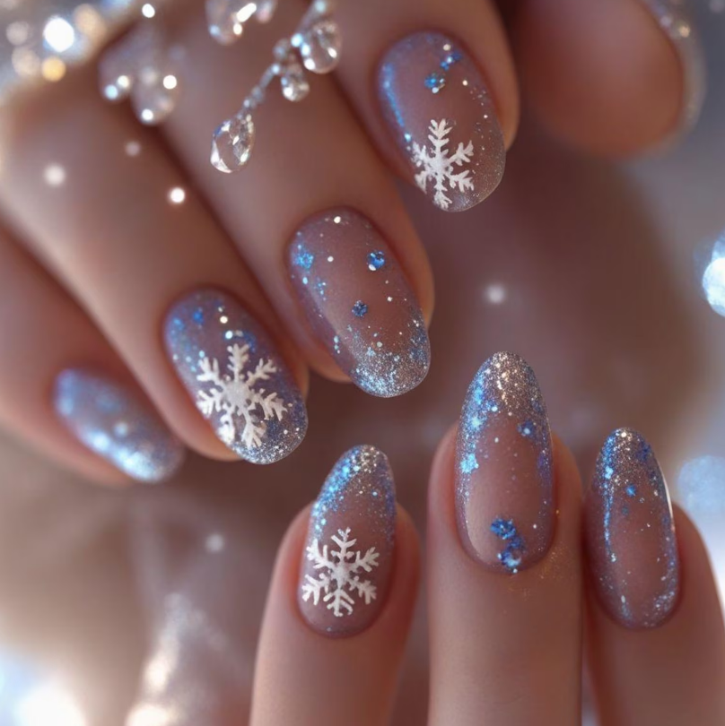 FancyNailsVN Blue Snowflake Press On Nails