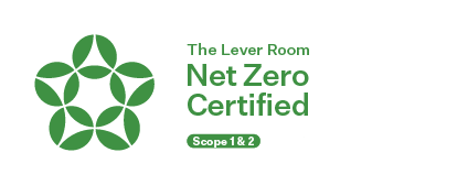 Logo for The Lever Room Net Zero Certified with green geometric design and certification scope and ISO standard.