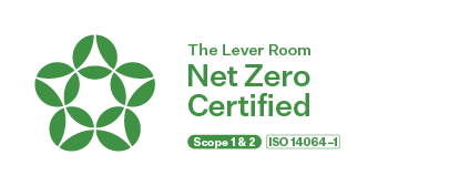 Logo for The Lever Room Net Zero Certified with green geometric design and certification scope and ISO standard.