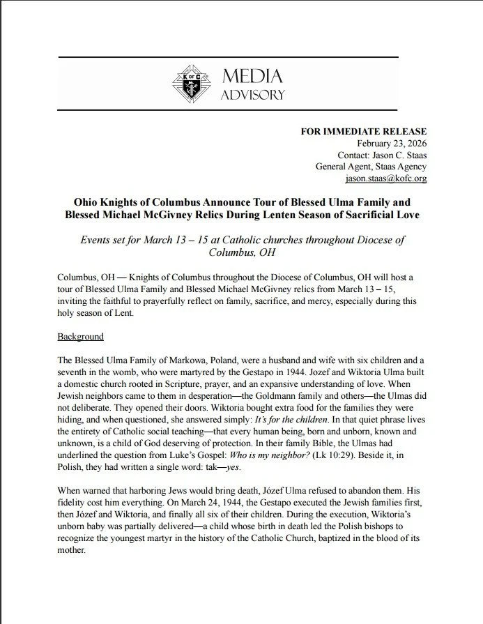 Ohio Knights of Columbus announce tour of Blessed Ulma Family and Blessed  Michael McGivney relics during Lenten season of sacrificial love