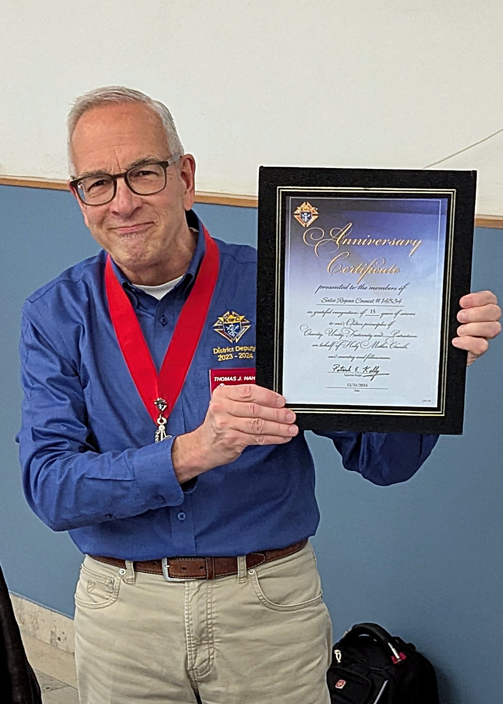 Salve Regina Council receives its 15 year Anniversary Certificate from District Deputy Tom Hahn on Jan. 21, 2025