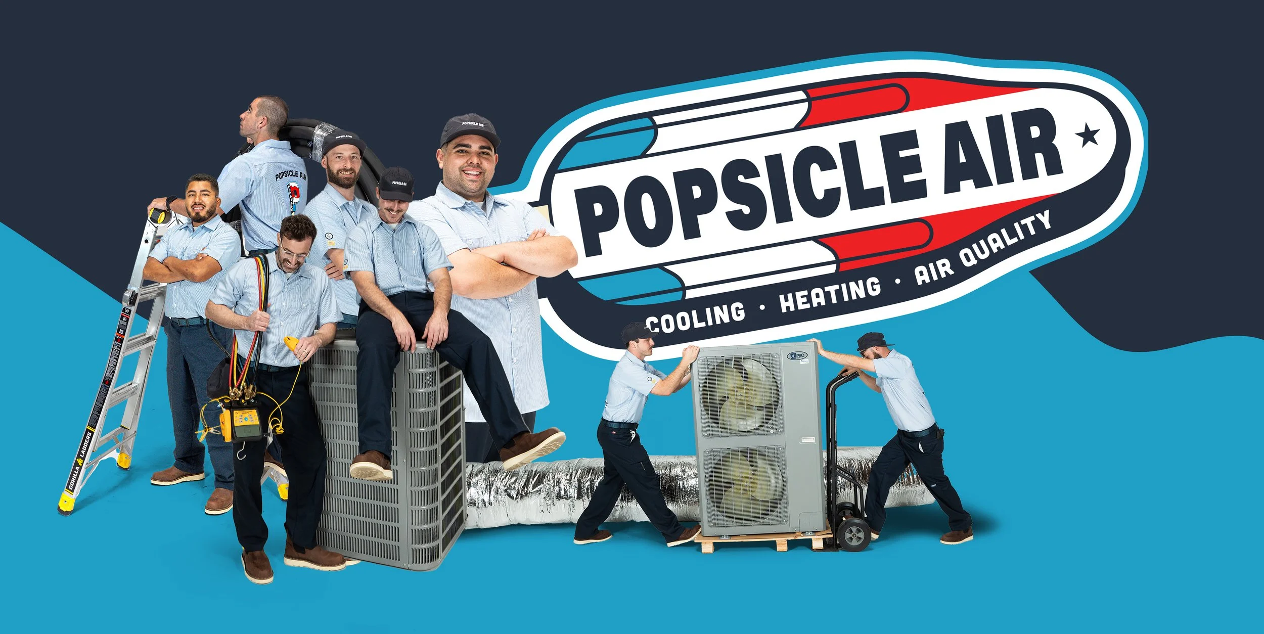 Humans wearing uniforms working with HVAC and cooling equipment in front of a large Popsicle Air logo with a graphic of a popsicle and the words 'Plumbing'.