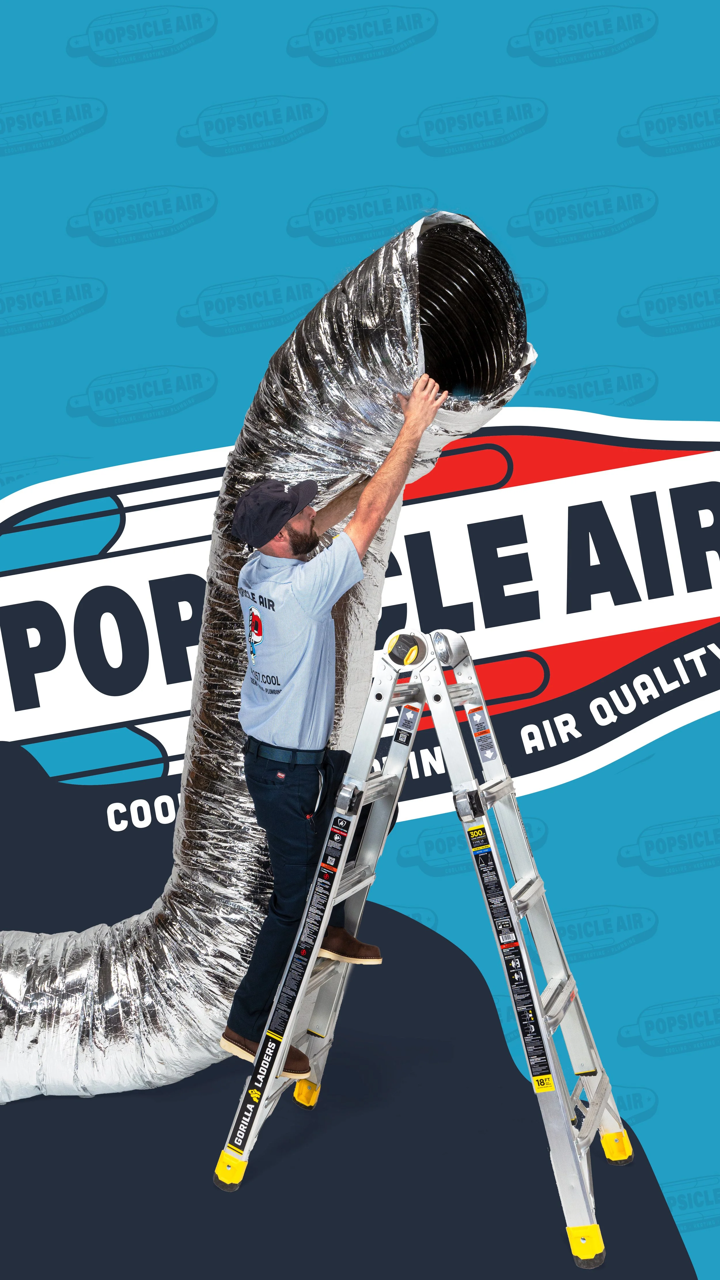 A technician on a ladder working on a large HVAC duct in front of a Popsicle Air background.