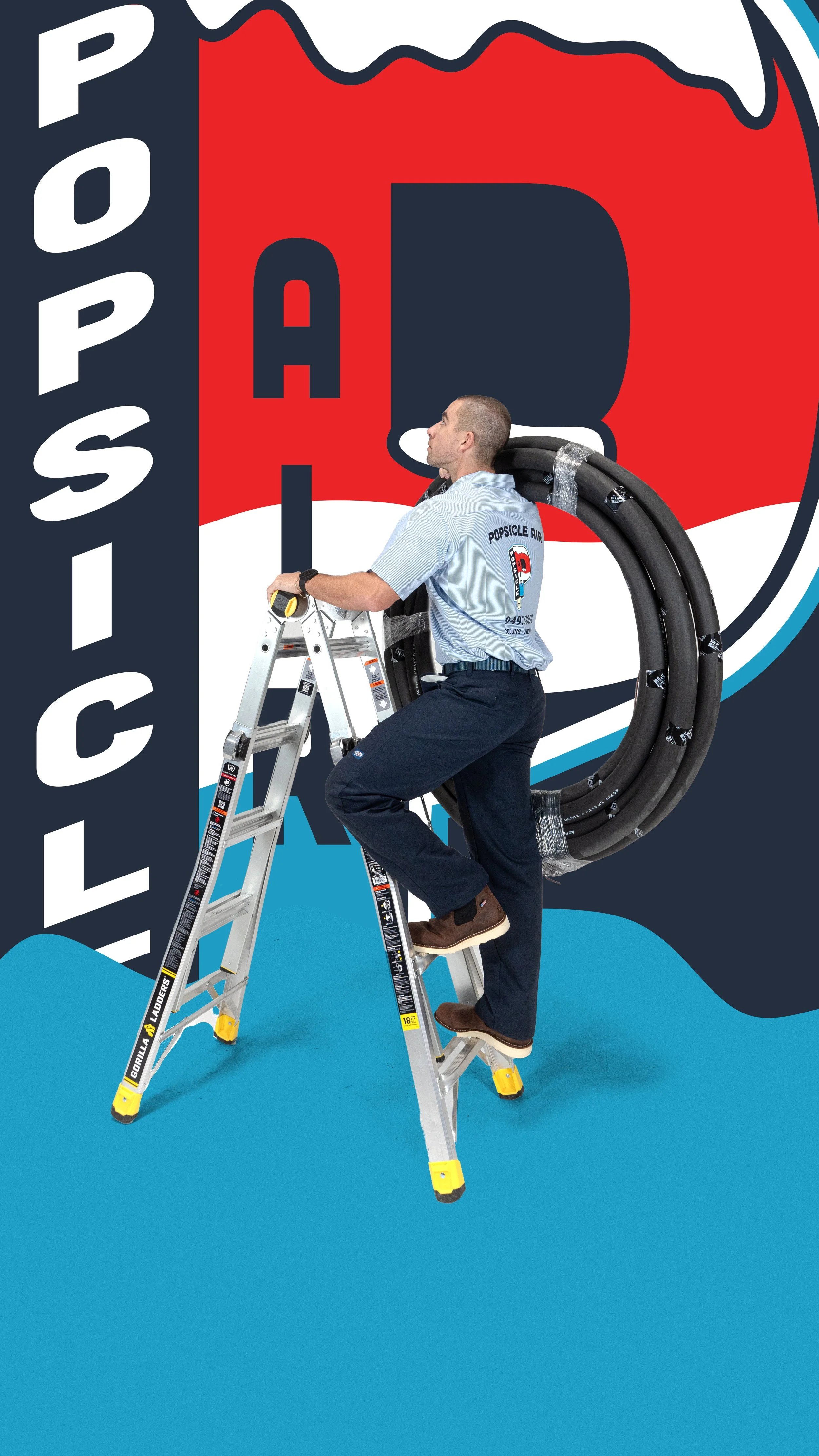 Man climbing ladder holding coiled materials, wearing Popsicle Air uniform against branded background, promoting cooling, heating, and plumbing services.