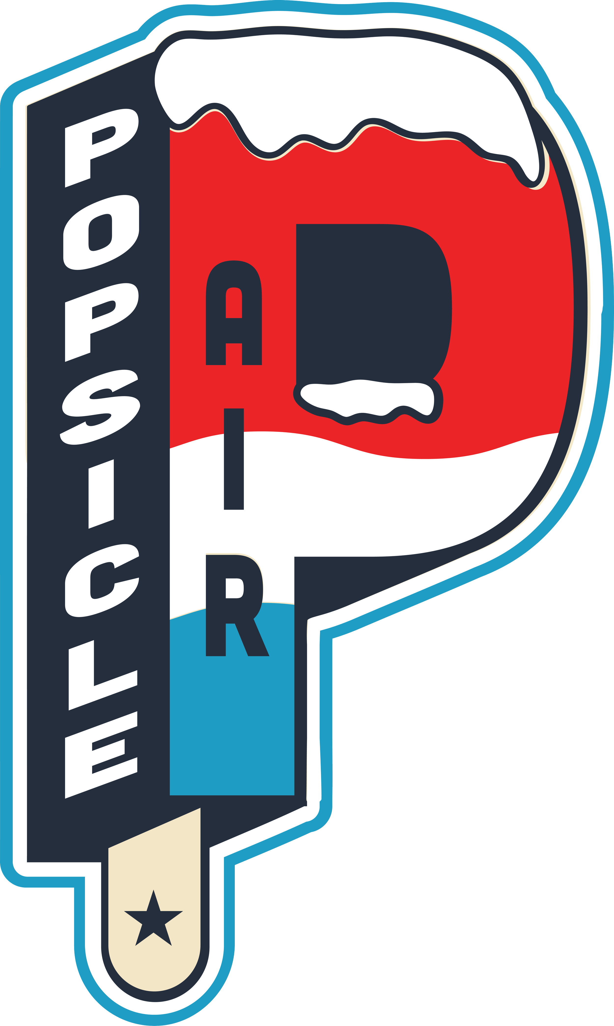 Design resembling a red, white, and blue popsicle with text 'Popsicle' on the side and a star on the stick.