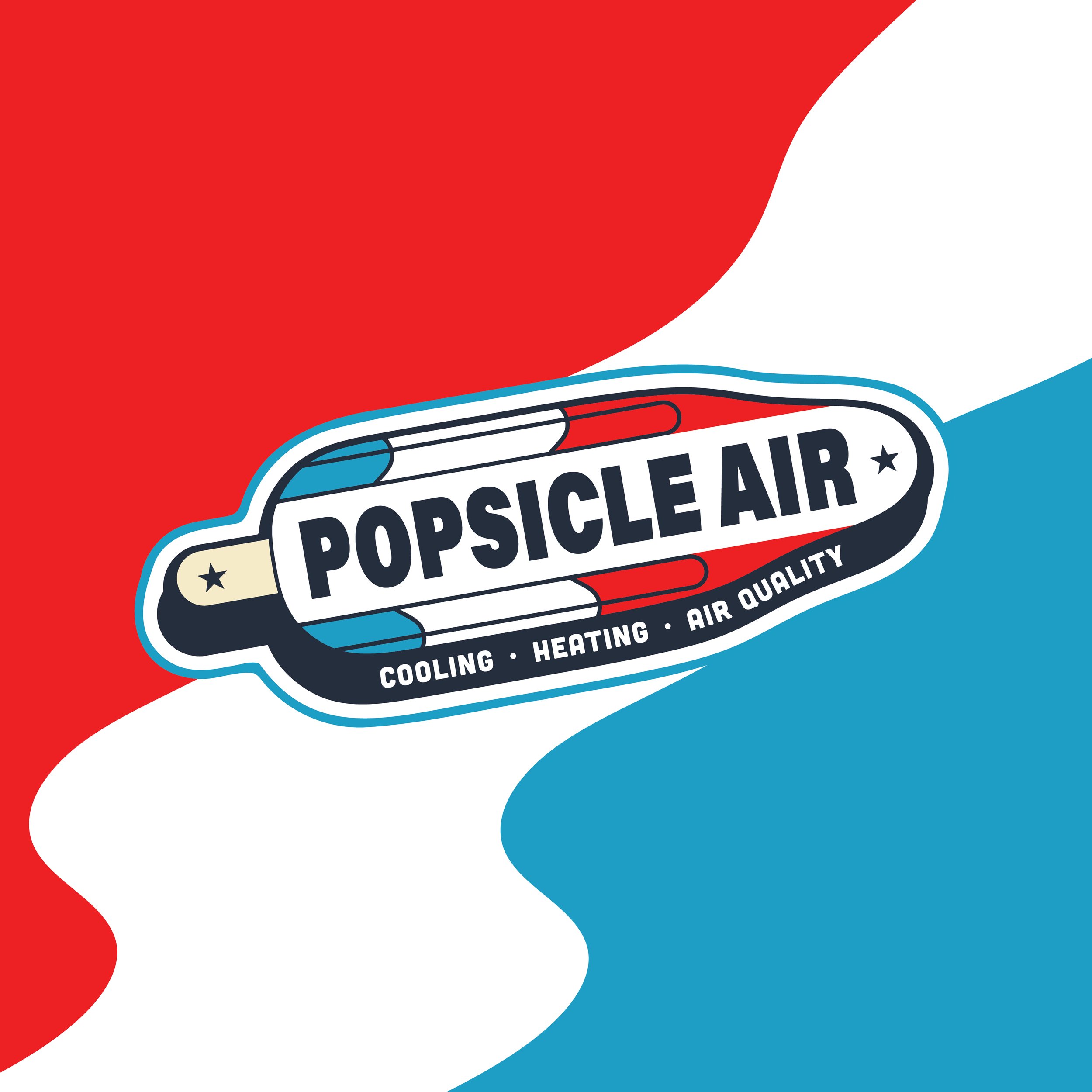 Logo for Popsicle Air with a popsicle design, featuring the colors red, white, and blue. Includes text "Cooling • Heating • Plumbing" on a wavy tricolor background.