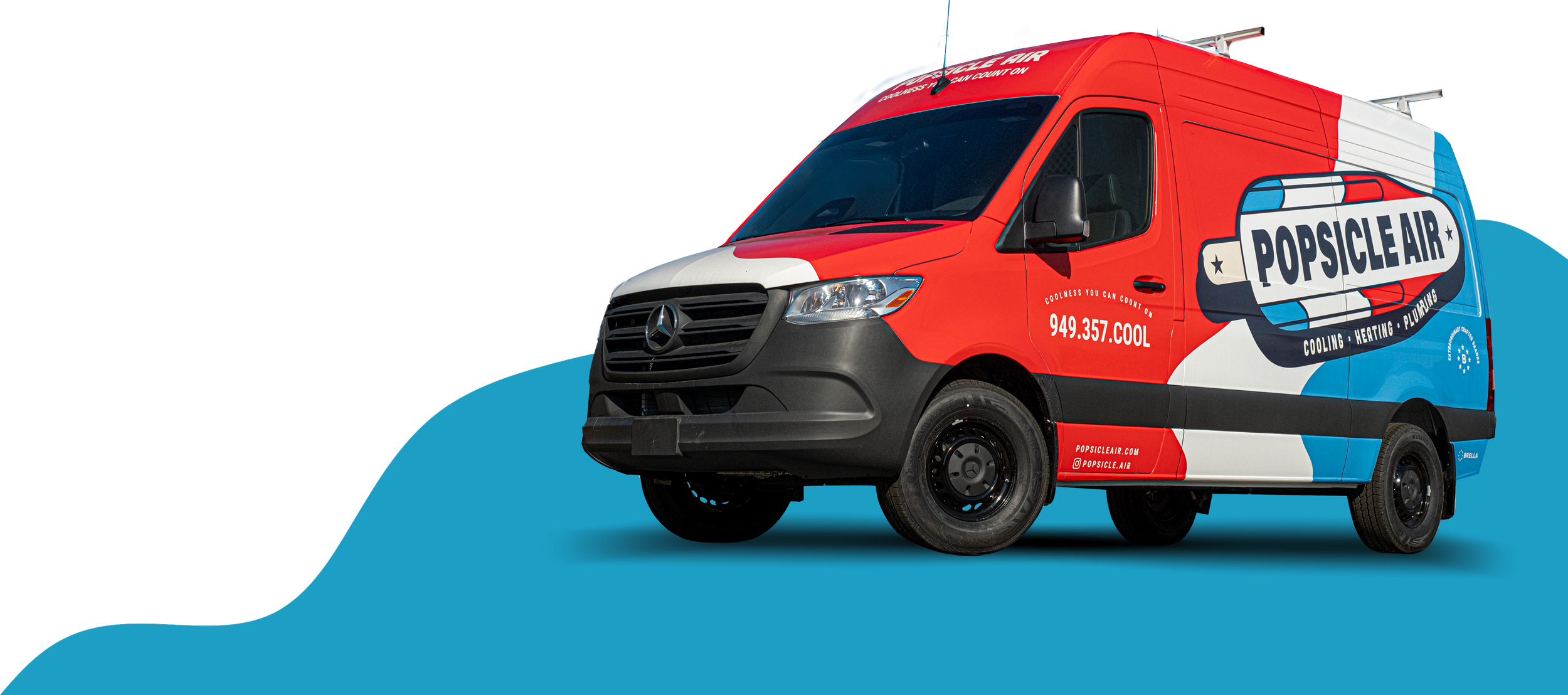 Red, white, and blue Popsicle Air service van with logo, contact information, and text for HVAC and plumbing services on a blue background.