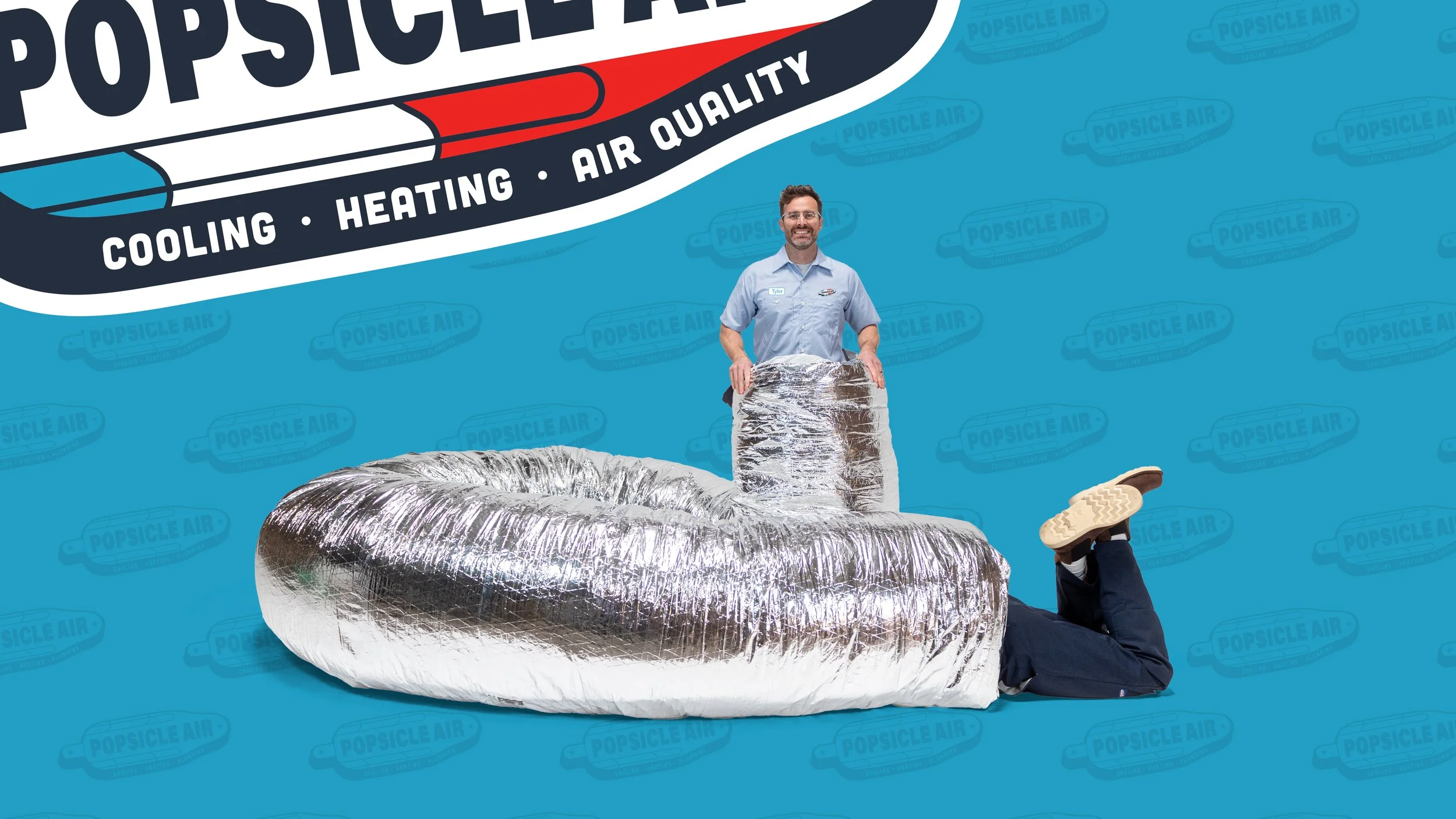 Two people, one standing with HVAC duct, one lying under it, in front of Popsicle Air logo on blue background.