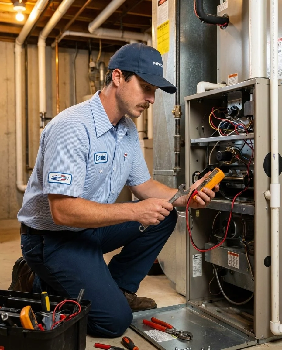 A technician on a ladder working on a large HVAC duct in front of a Popsicle Air background.