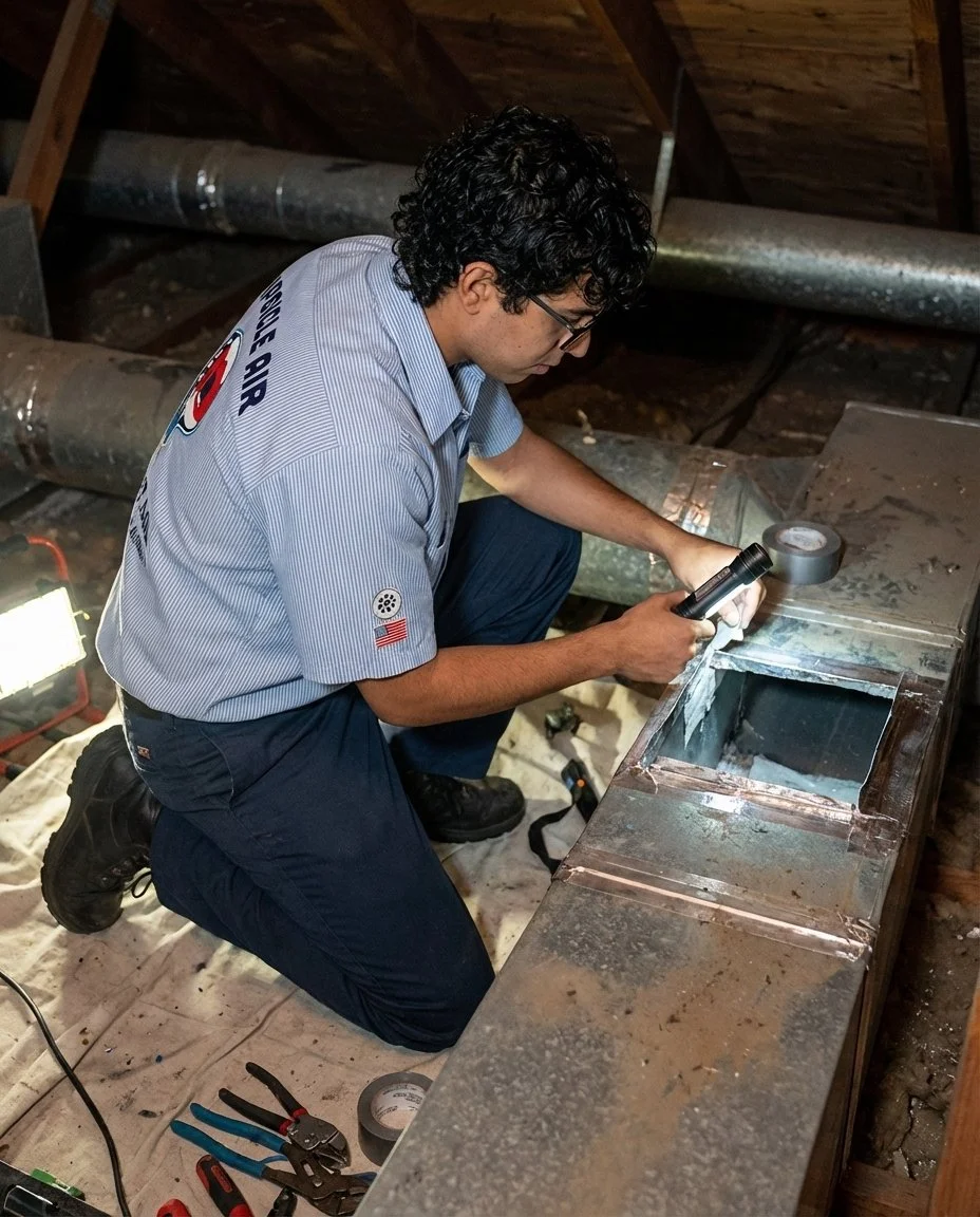 Two people, one standing with HVAC duct, one lying under it, in front of Popsicle Air logo on blue background.