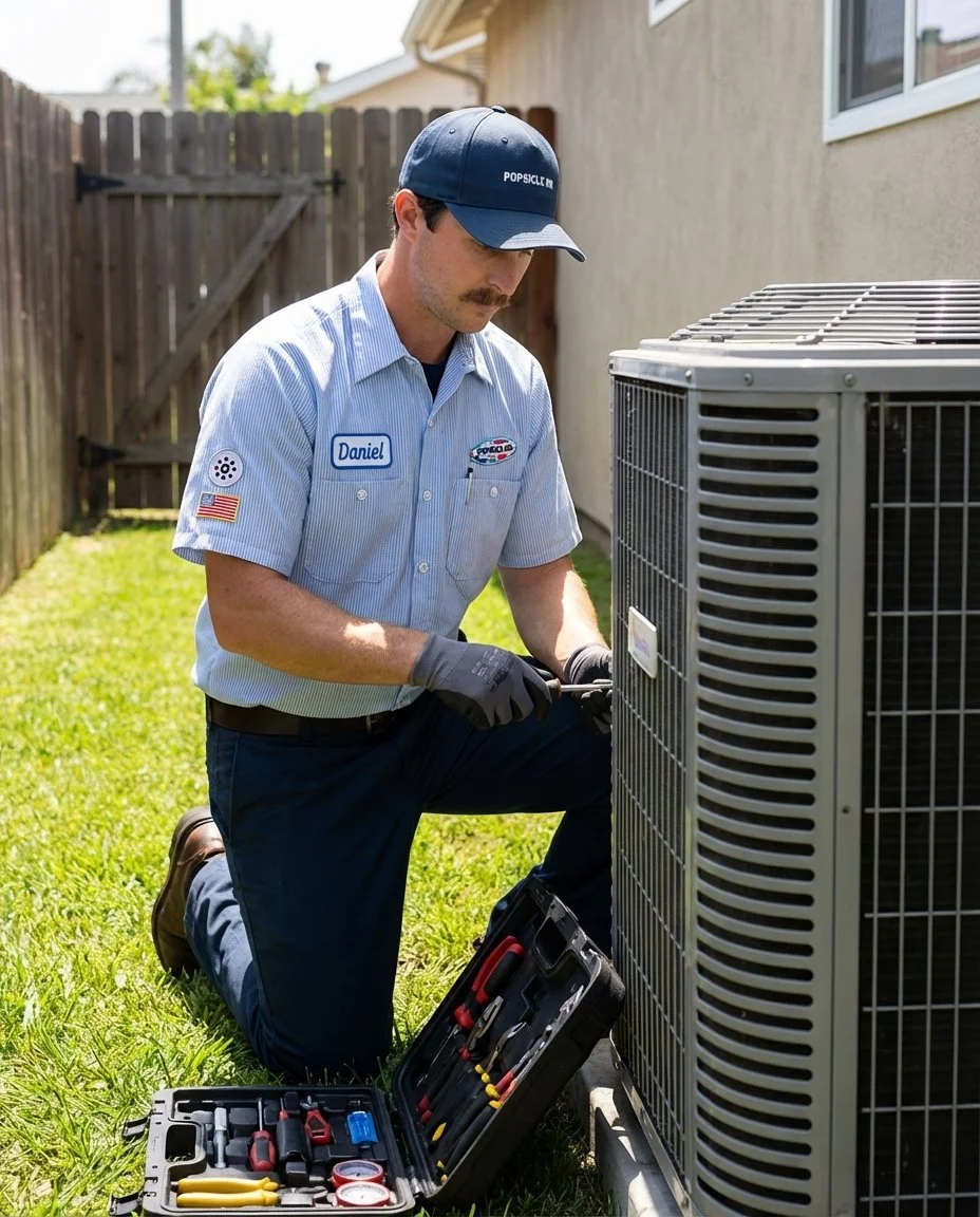 Group of HVAC technicians next to Popsicle Air logo, with equipment and ductwork.