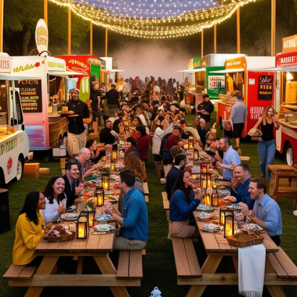 People dining at long tables under string lights at a festive outdoor food market at night, with food trucks in the background.