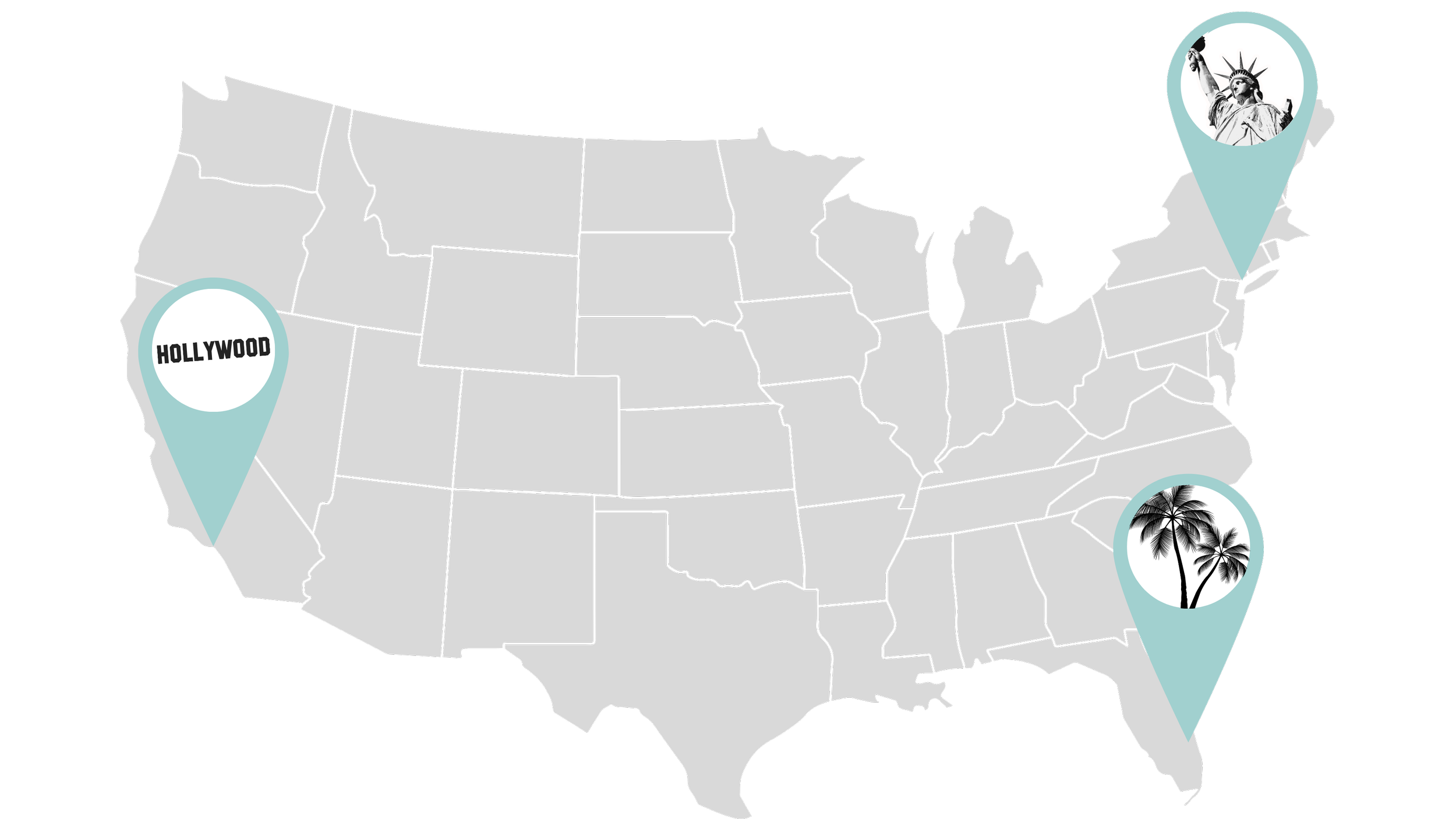 Map of the United States with icons of Hollywood sign, the Statue of Liberty, palm trees, marking major locations in Los Angeles, New York City, and Miami.