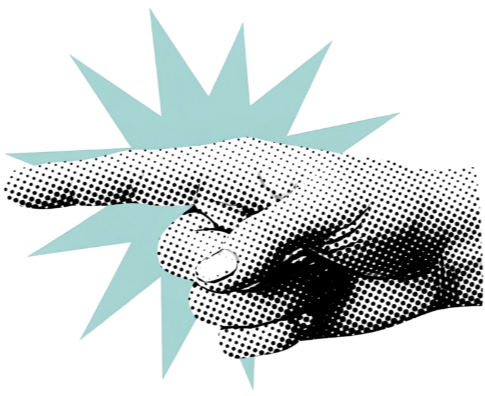 Pop art style illustration of a hand pointing with the index finger, with a burst background.