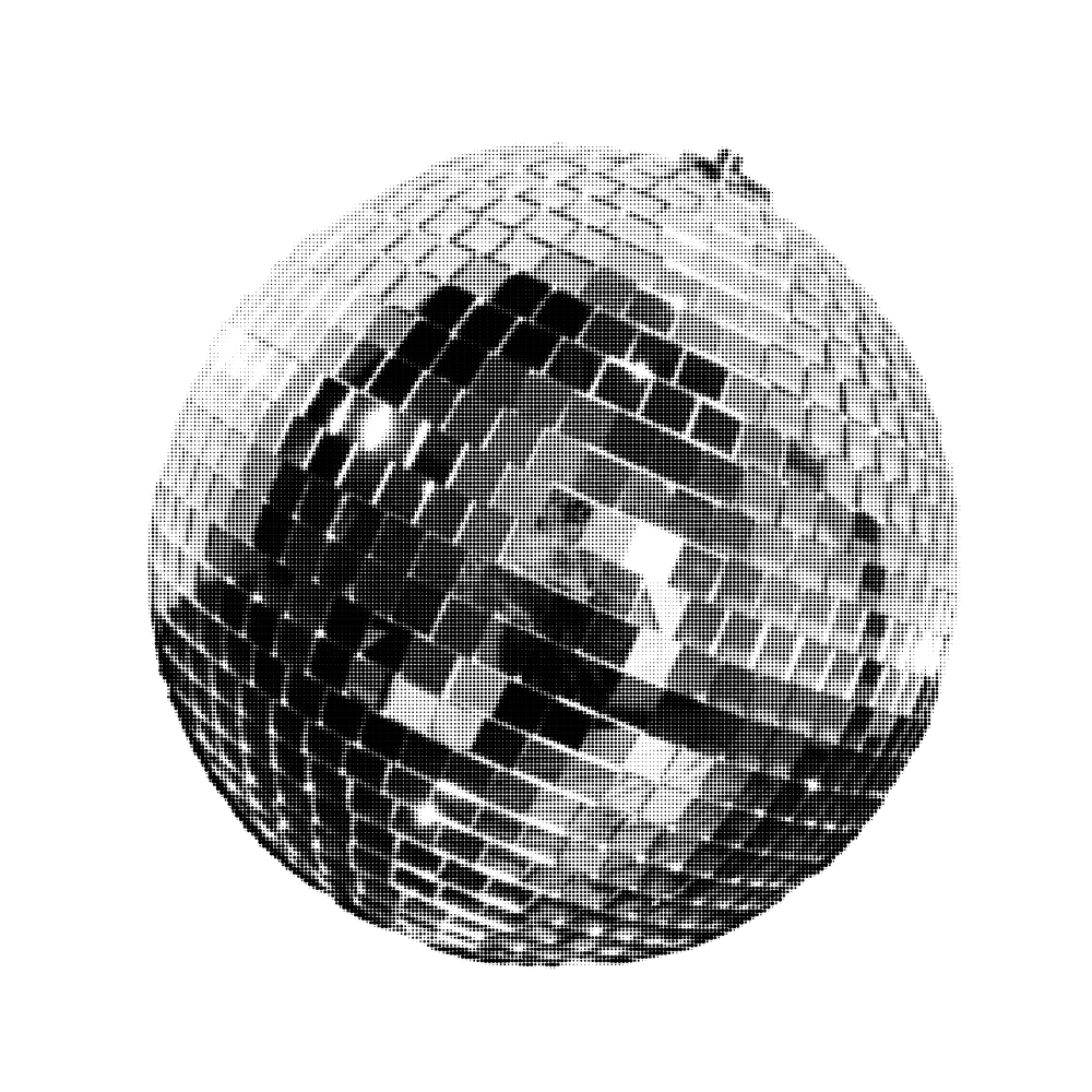 A digital art depiction of a globe made up of black and white pixelated cityscapes, with a reflective and abstract appearance.