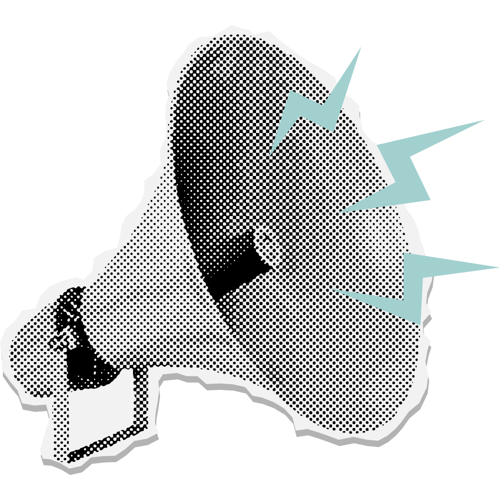 A stylized black-and-white graphic of a human head with wind or sound waves near the side, featuring lightning bolt shapes.