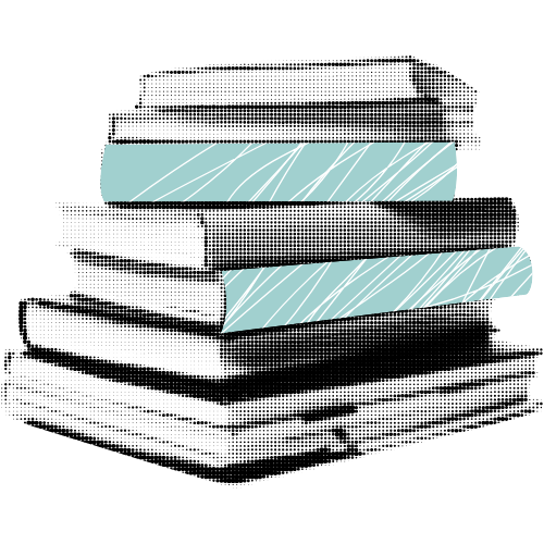 Stack of books with black and white covers and one light blue book with diagonal stripe pattern