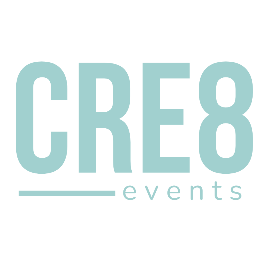 Logo of CRE8 Events with the name written in large, light blue letters and a thin line underneath, followed by the word 'events' in smaller light blue letters.