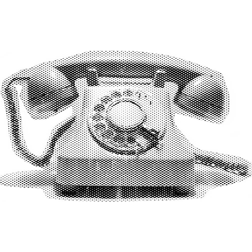 A black and white halftone illustration of a vintage rotary telephone being held by a hand.