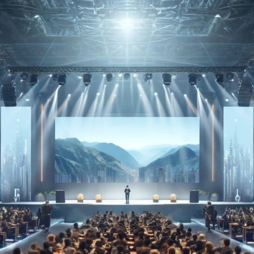 Large conference or event hall with a stage featuring a large screen displaying mountains and a urban skyline. A speaker stands on stage addressing a seated audience, with stage lighting focused on the speaker.