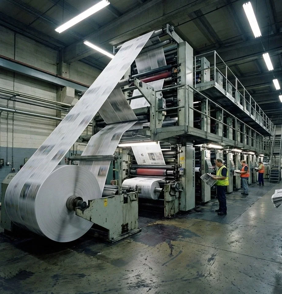 Newspaper printing press in action