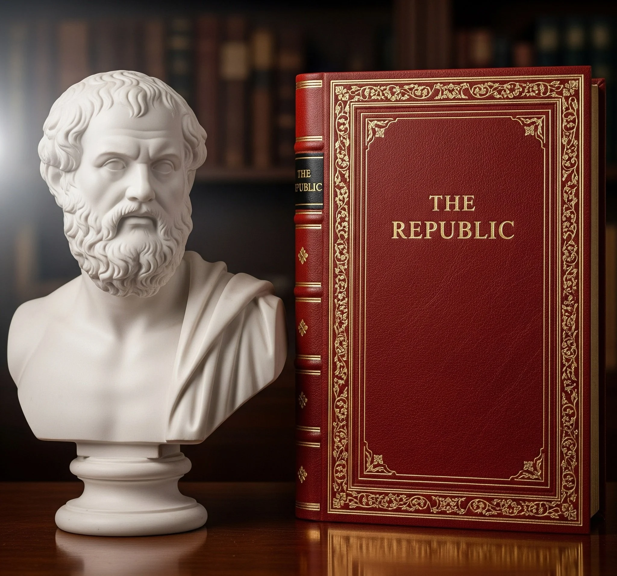 Bust of Plato and a copy of The Republic