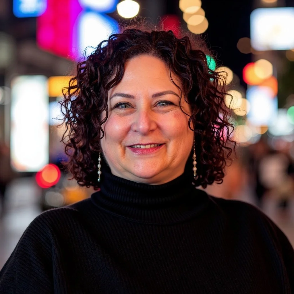 Portrait of a woman with curly brown hair wearing gold earrings and a patterned top, standing outdoors with greenery in the background.
