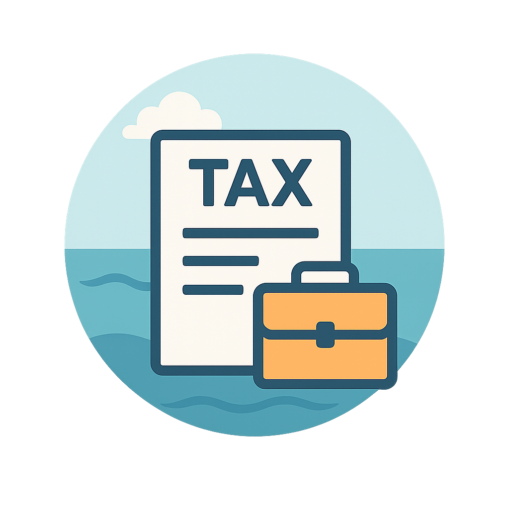 Illustration of a tax document labeled 'TAX,' a briefcase, and a background of water and clouds, suggesting a financial or tax-related theme.