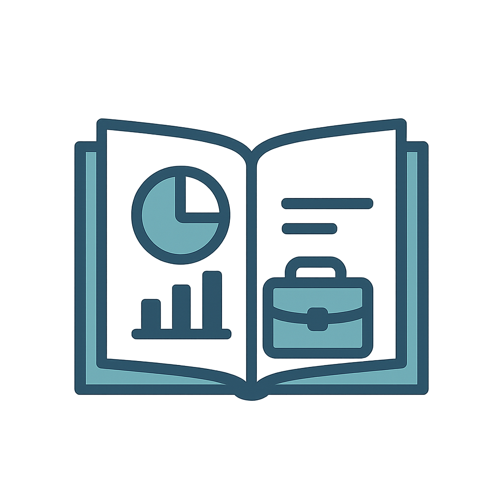 Illustration of an open presentation folder with charts, graphs, and a briefcase inside.