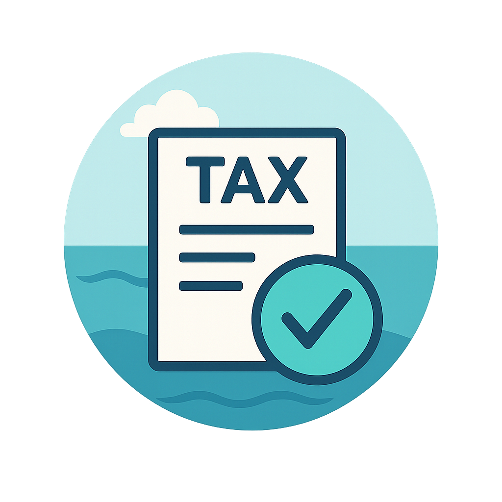Illustration of a tax document with a checkmark, representing tax approval or completion, against a background of water and sky.