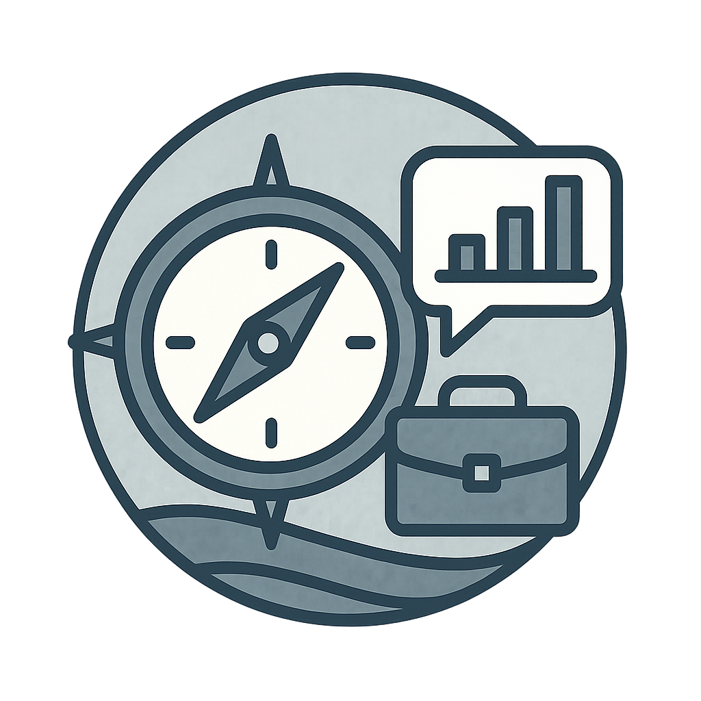 A clock with analytical charts, a briefcase, and a speech bubble with a bar graph, representing business or productivity.
