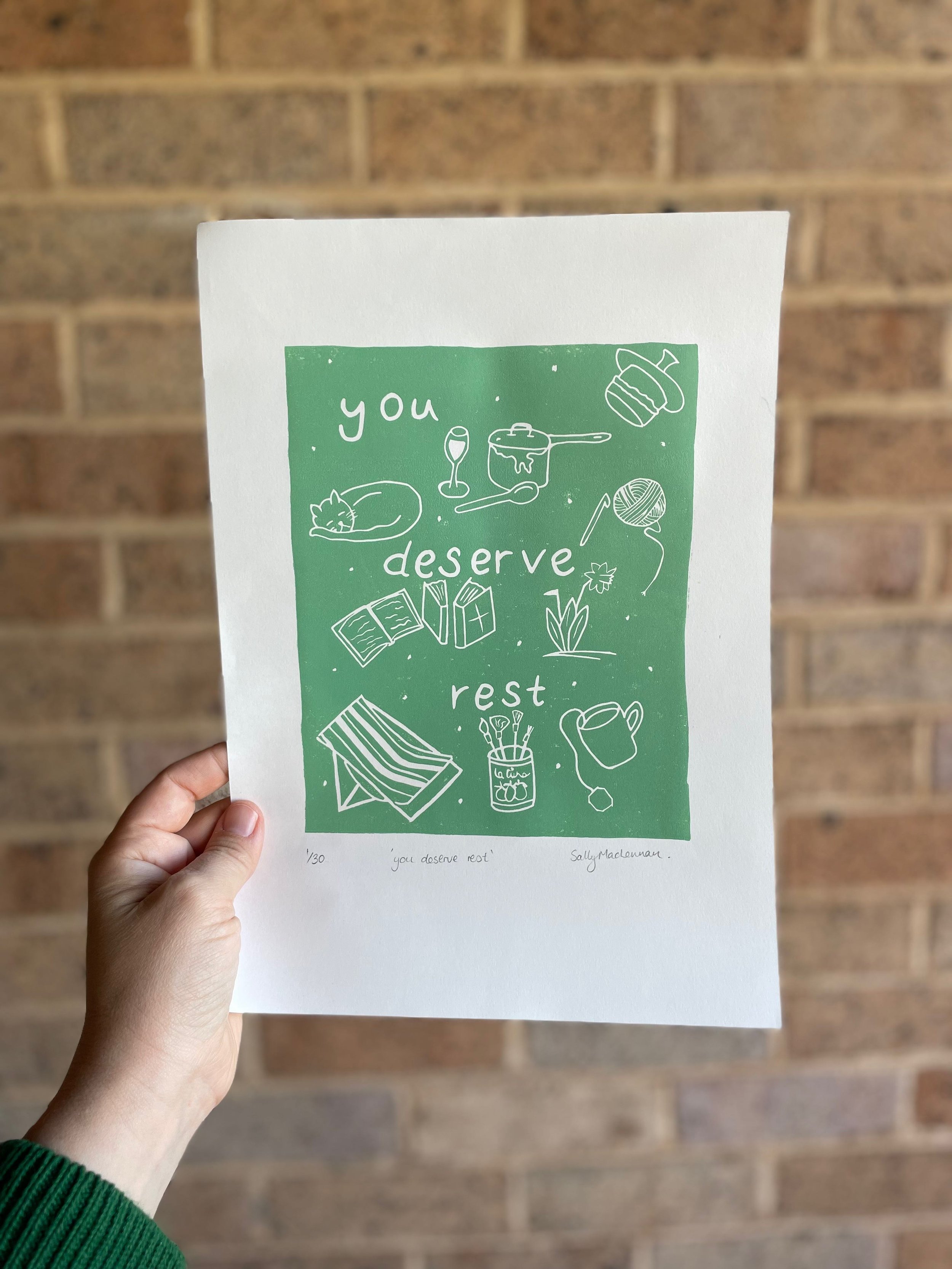 you_deserve_rest_4_joy_catalogue_prints_typographic_poster_handmade_linocut_art_print_wall_decor_orange_sage_mint_green_sydney_nsw.jpeg