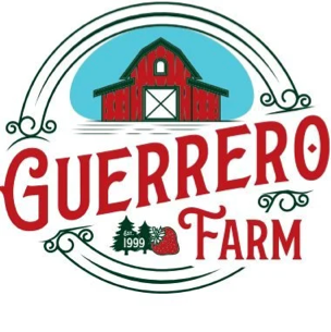 Logo of Guerrero Farm featuring a red barn with a green roof, surrounded by decorative lines and the farm's name in red text, with a small graphic of trees, strawberries, and the year 1999.