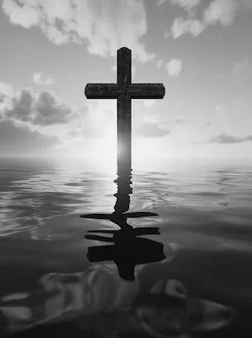 A woman being baptized in a church baptismal pool while she is smiling and touching her chest, surrounded by children and adults.